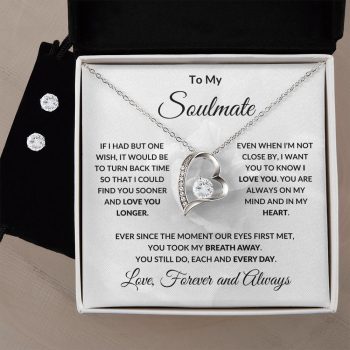 To My Soulmate One Wish Forever Love Heart Pendant Necklace and Earring Set